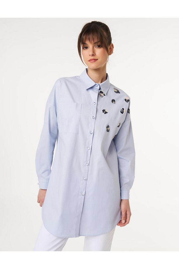 Pul Payet İşlemeli Poplin Tunik Limoni - 1