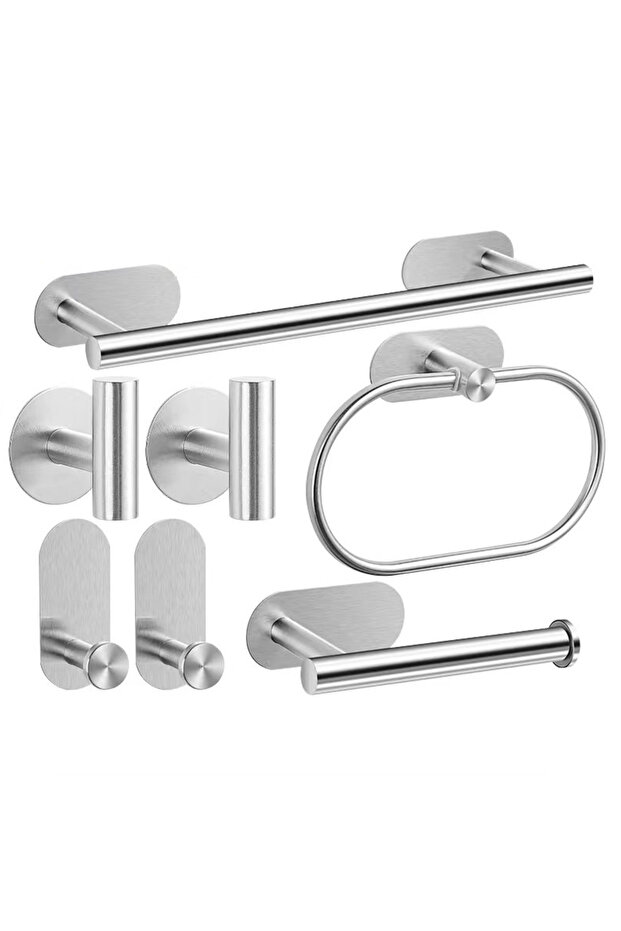 Silver 7pcs Set No Drilling Stainless Steel Towel Bar Paper Holder Self-adhesive Towel Ring Robe Hoo