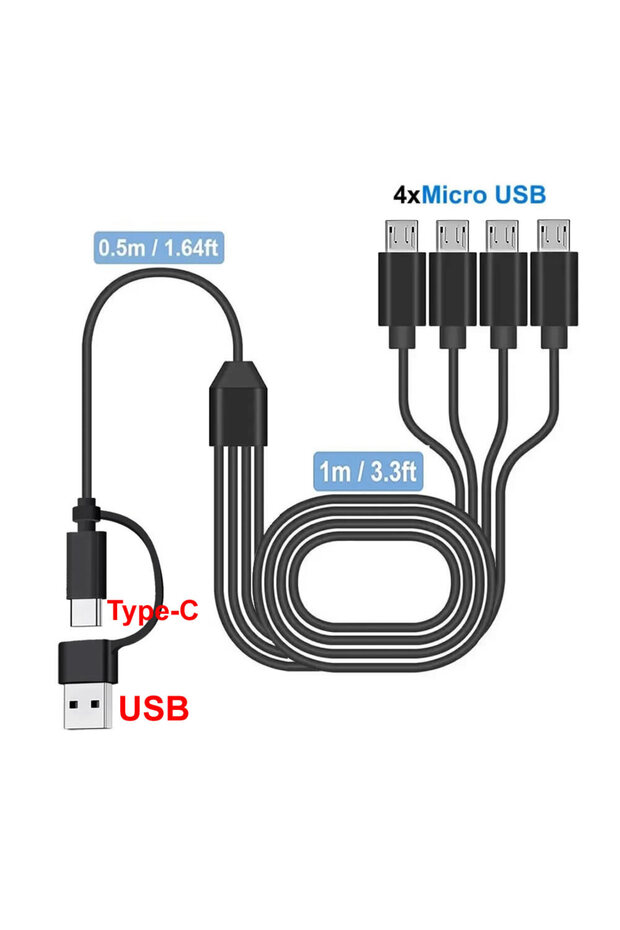 كابل شحن متعدد المنافذ من نوع Micro USB بطول 150 سم وبطول 4.92 قدم، من نوع A إلى 4 منافذ Micro USB، 2 إلى 4 منافذ Micro USB، 5