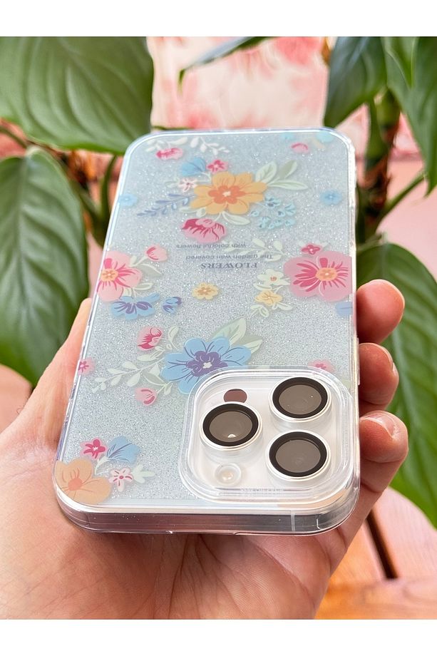 Apple iPhone 14 Pro Max Uyumlu Kılıf Mavi Simli Çiçek Desenli Renkli Parlak Darbe Emici Kapak - 5