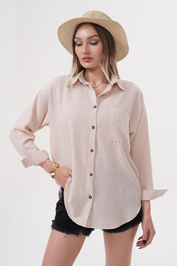 Women's Linen Blend Shirt Oversize Long Sleeve