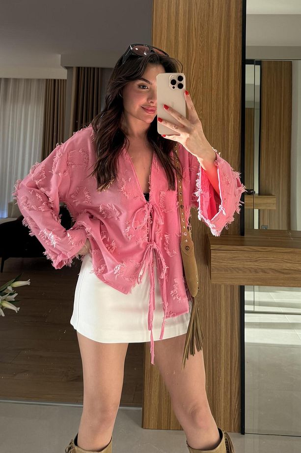 Juel Pembe Püsküllü Bağlamalı Gömlek - 2