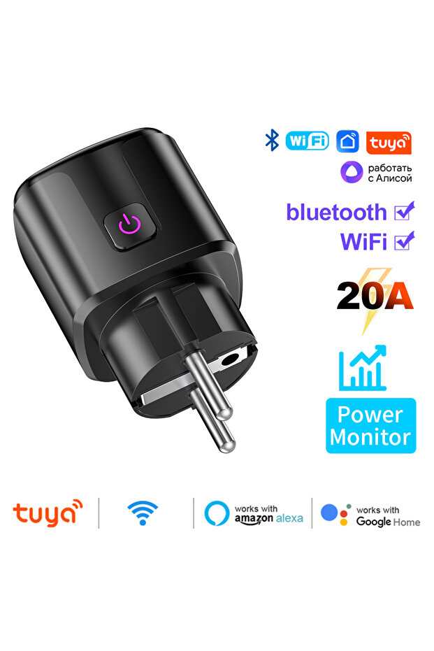 20A black Tuya Smart WiFi+Bluetooth EU Plug 20A Socket With Power Monitoring Timer Outlet Child Lock - 1