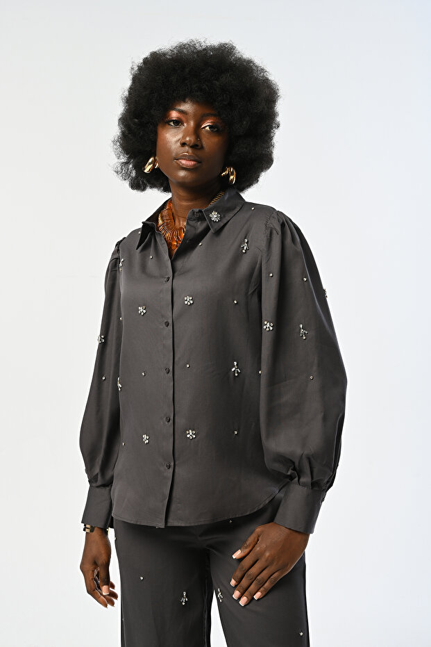 Women's Front and Sleeves Stone Embroidered Anthracite Color Shirt