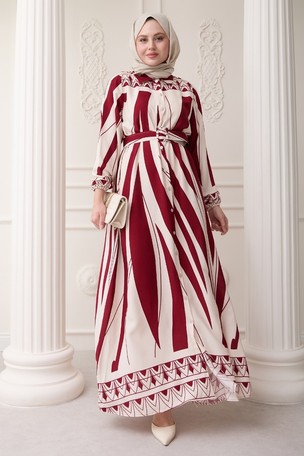 Patterned Belted Red Viscose Dress