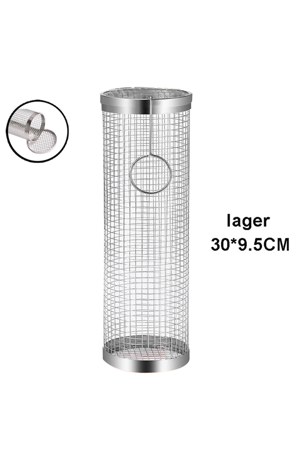 Szie2 Larger BBQ Basket Stainless Steel Rolling Grilling Basket Wire Mesh Cylinder Grill Basket Port