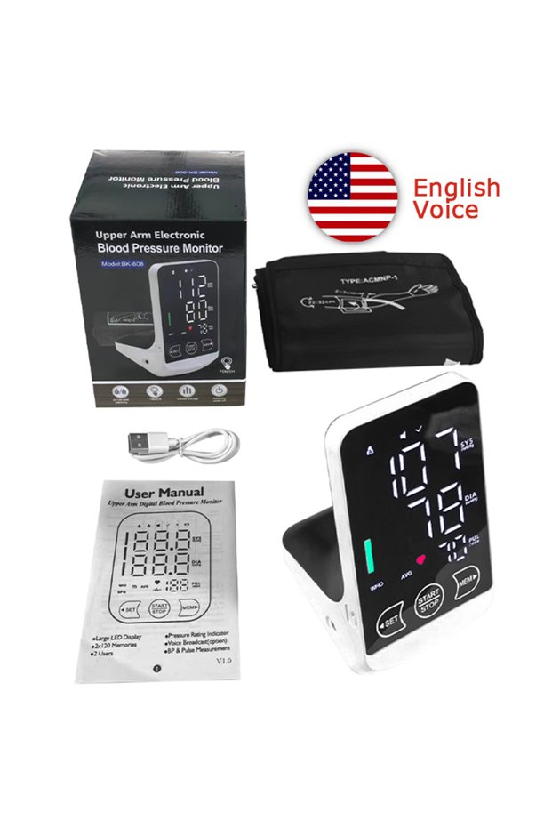 English Rechargeable Arm Blood Pressure Monitor Digital Tensiometer English/Spanish Voice Large Disp