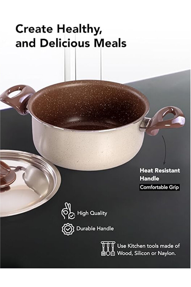 طقم أواني طهي من 8 قطع، أواني ومقالي من الألومنيوم، أغطية من الفولاذ المقاوم للصدأ، جرانيت بني وبيج، مقاس 22-26+26+18 سم - 2