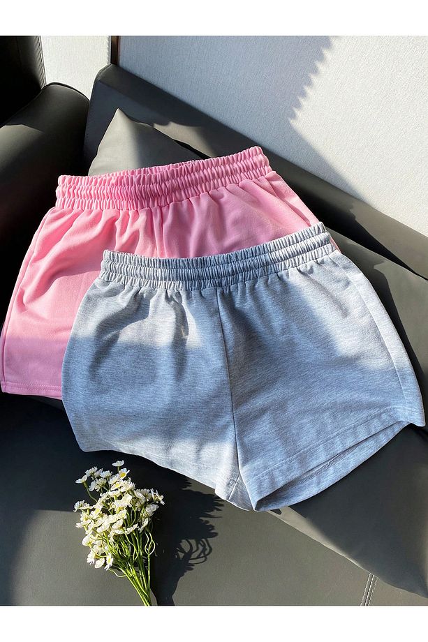 2'Li Pembe Gri Basic Penye Kısa Şort - Yüksek Bel Örme Cepli Kadın - 2