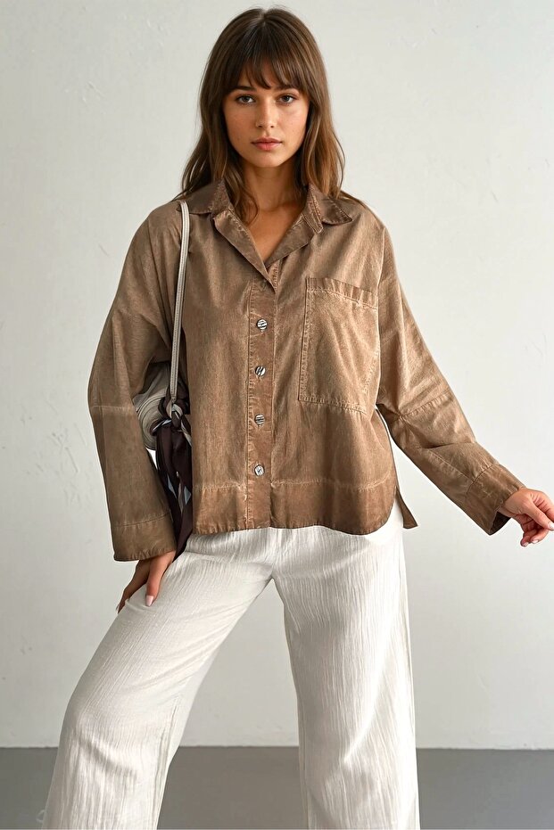Women's Brown Button Detailed Oversize Shirt with Pockets