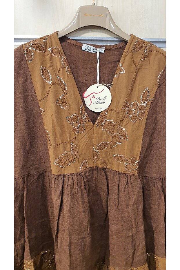 Pullu Kısa Keten Elbise - 3