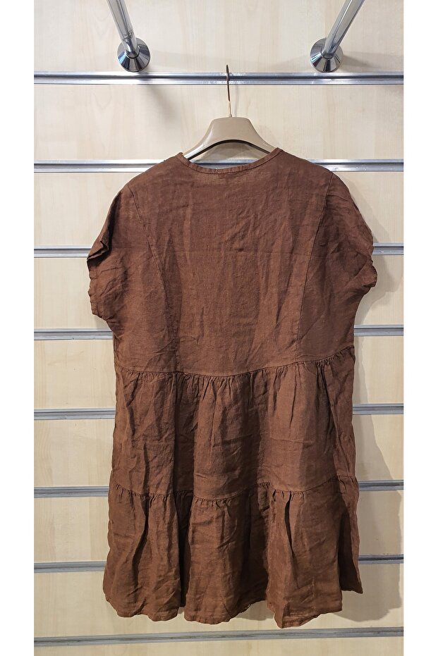 Pullu Kısa Keten Elbise - 5