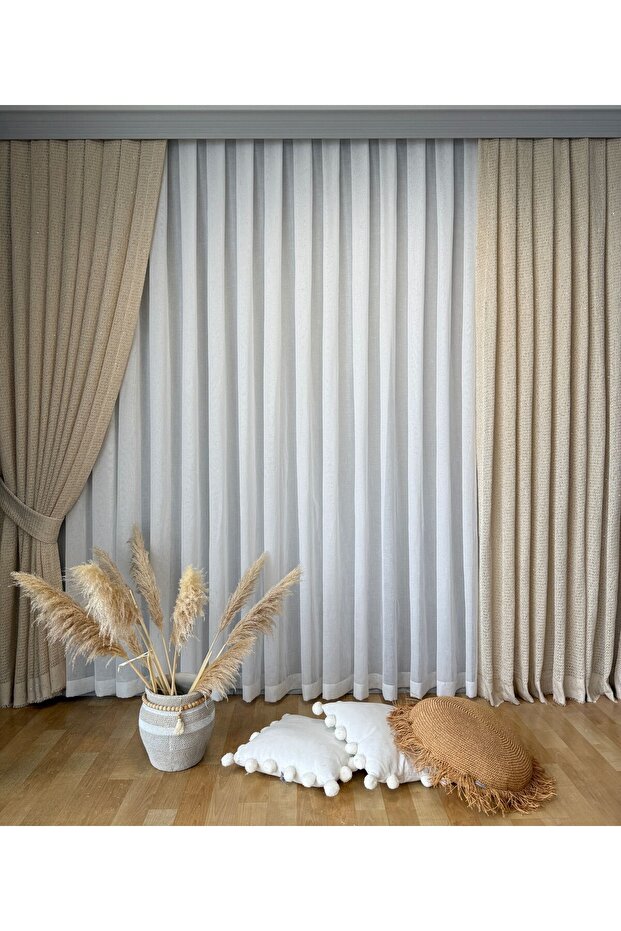 KREM PULLU ÖRME FİLE ŞEKLİNDE FON PERDE (1/3 SIK PİLE) - 4