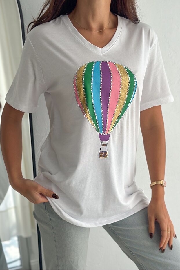 Women's White V-Neck Large Size Balloon Sequin Sequin Embroidered 100% Cotton T-Shirt