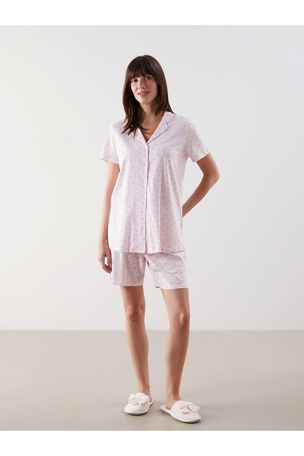LCW DREAM Pembe Gömlek Yaka Desenli Hamile Şortlu Pijama Takımı - 1