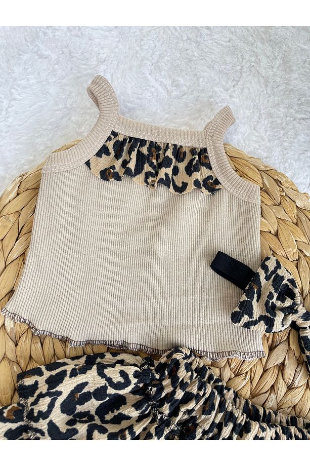 KIZ ÇOCUK LEOPAR DESEN FIRFIRLI ETEK BLUZ BANDANA VE ÇORAP TAKIMI 4 LÜ SET - 3