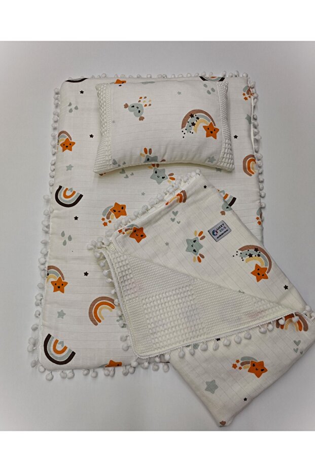 Double Sided 3-Piece Bottom Opening Set, Muslin & Pike Fabric, Blanket, Baby Pillow, Bottom Opening Cushion