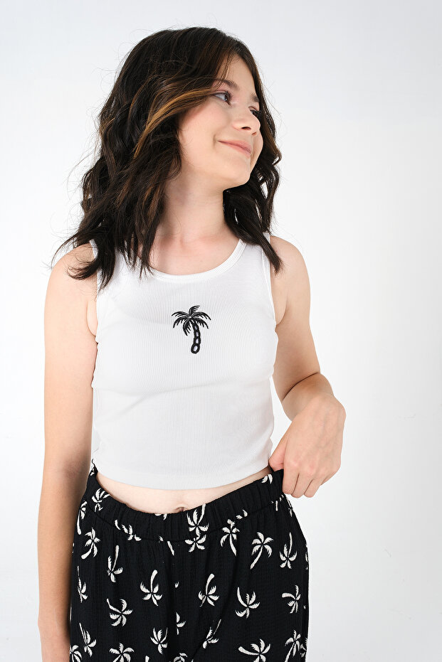 Girl's White Suspender T-Shirt and Palm Pattern Black Pants Set