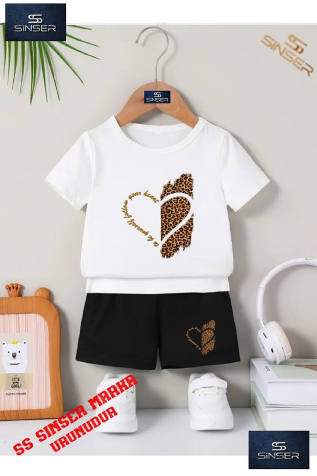 Children's Heart Leopard Custom Printed Crew Neck T-Shirt - Shorts Set