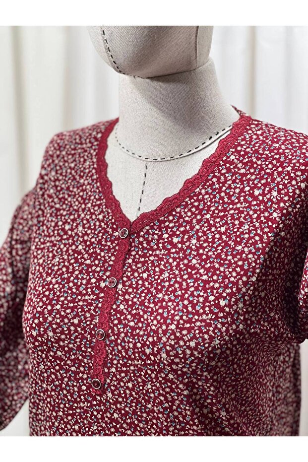 Lifera Elegant Floral Patterned Combed Cotton Mother's Blouse, Large Size