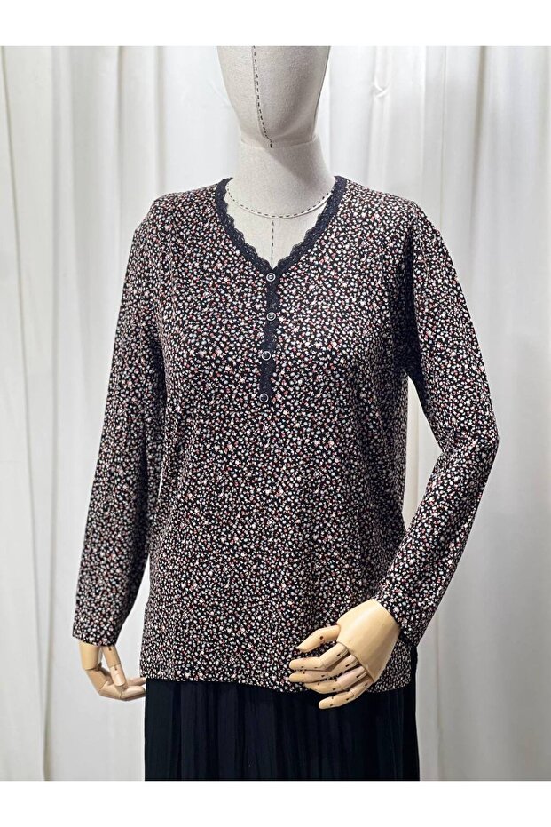 Lifera Elegant Floral Patterned Combed Cotton Mother's Blouse, Large Size