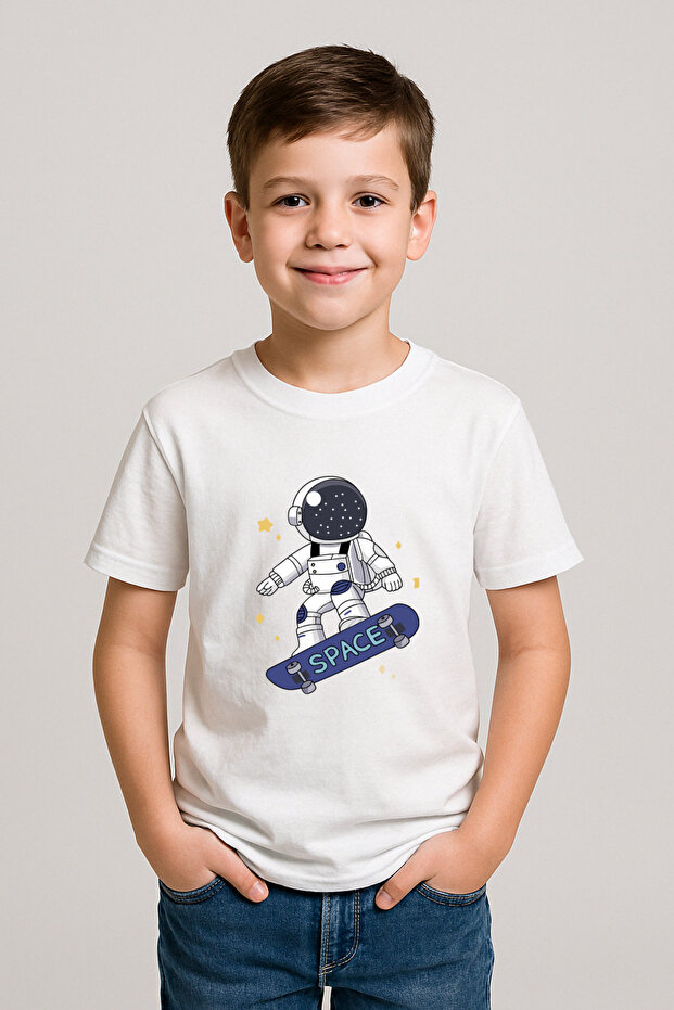 Astronaut Skateboard Printed Boys' T-Shirt