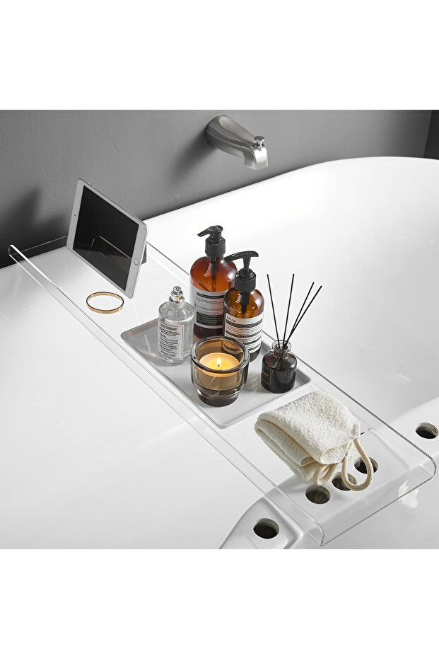 Clear Acrylic Bathtub Tray - Luxury Spa Caddy with Tablet Holder for Bath Essentials Organization