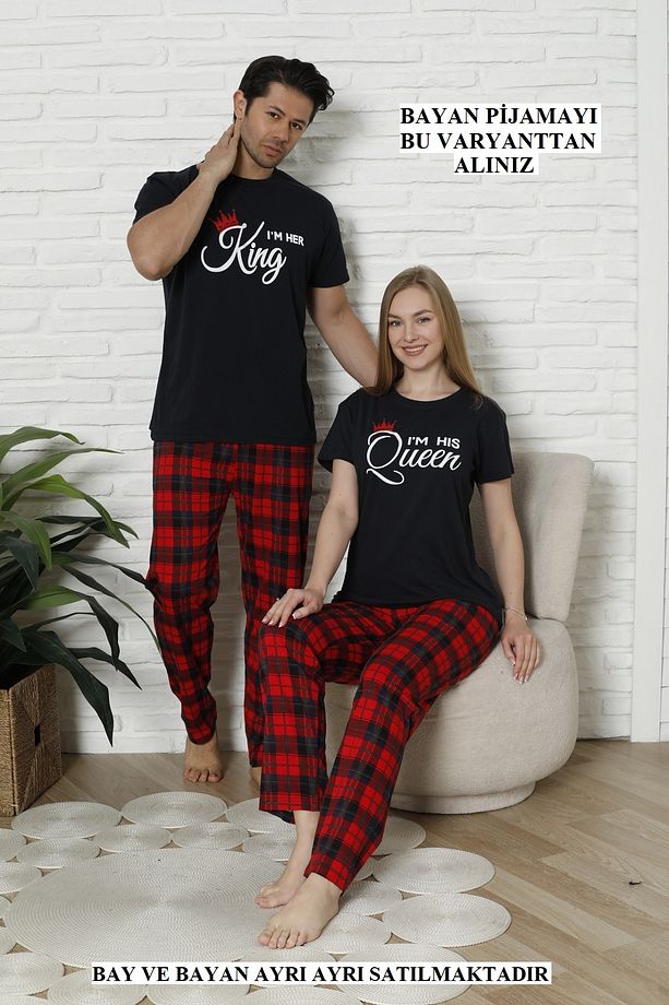 Sevgililer, Çiftler ve Çeyizlik İçin Eşli Kısa Kollu Ekoseli Pijama - 1
