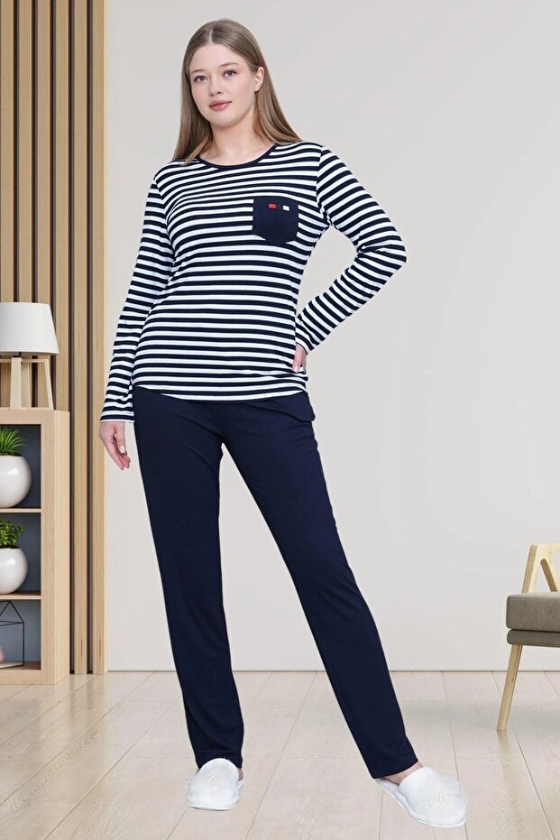 Striped Large Size Long Sleeve Lycra Women's Pajama Set 75% Cotton 20% Viscose 5% Lycra