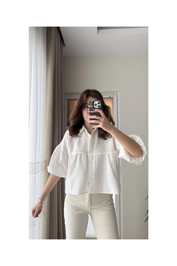 Women's Ecru Short Balloon Muslin Fabric Premium Shirt