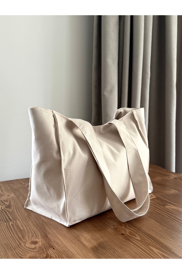 Beige Gusseted Canvas Handbag and Shoulder Bag - Waterproof Fabric-Tote Bag
