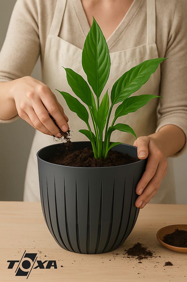 2 Adet Çizgi Saksı Seti 5 Litre Plastik Delikli Tabaklı Çiçek Saksısı Set - 5