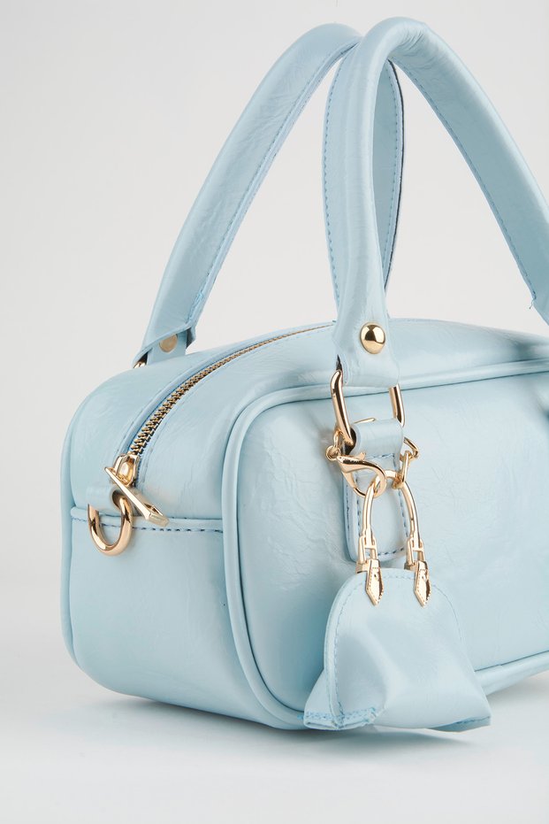 Women's Tulip Baby Blue Bag Charm Detailed Patent Leather Zipper Closure Handbag and Shoulder Bag