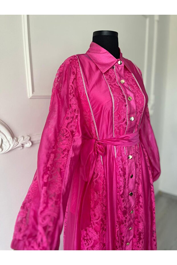 İthal İpekli Dantelli Pembe Elbise - 1
