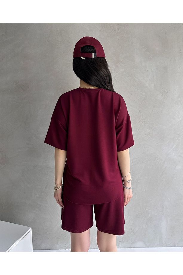 Modal Kumaş Oversize Kısa Kollu Kadın Eşofman Takımı, Şortlu, Bağcıklı Yumuşak Kumaş, Modern Tasarım - 3