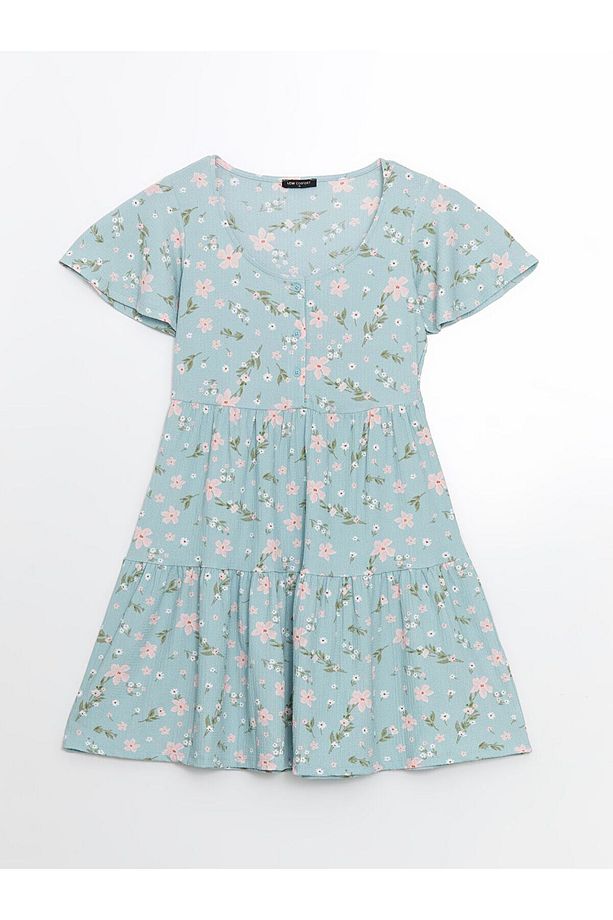 U Yaka Çiçekli Mini Elbise - 5
