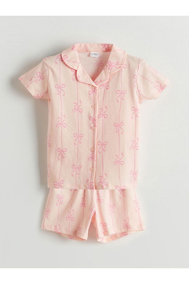 LCW Kids Pembe Gömlek Yaka Fiyonk Desenli Kız Çocuk Şortlu Pijama Takımı T T - 1