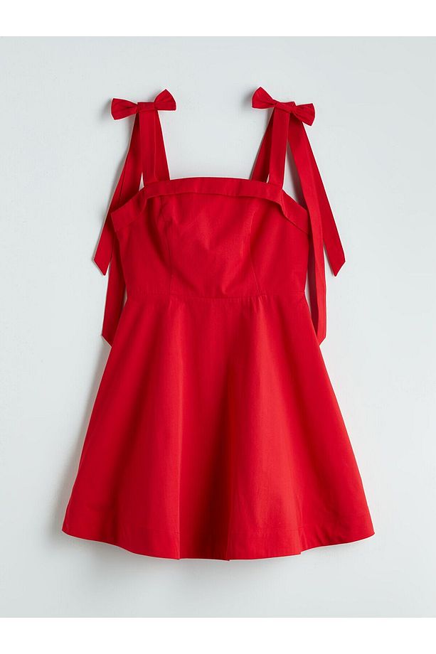 Kare Yaka Poplin Mini Elbise - 1