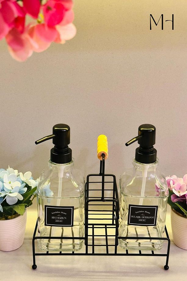 Modern Cam Ikili Sıvı Sabunluk & Deterjanlık Seti-450 ml Cam Sabunluk, Metal Stand'lı, Ahşap Kulplu - 5
