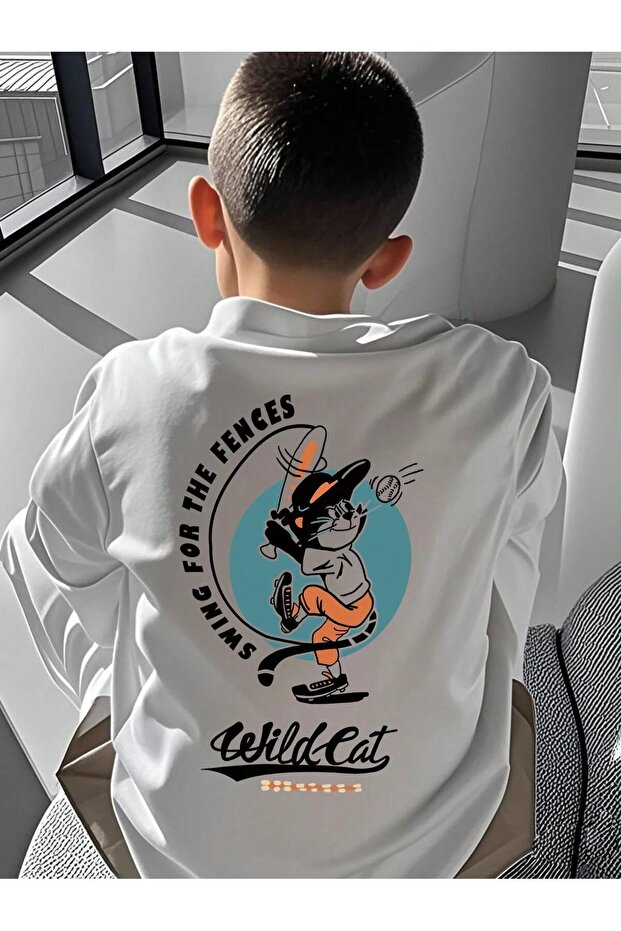 Kids Wild Cat Printed Oversize Crew Neck 100% Cotton Children's T-Shirt
