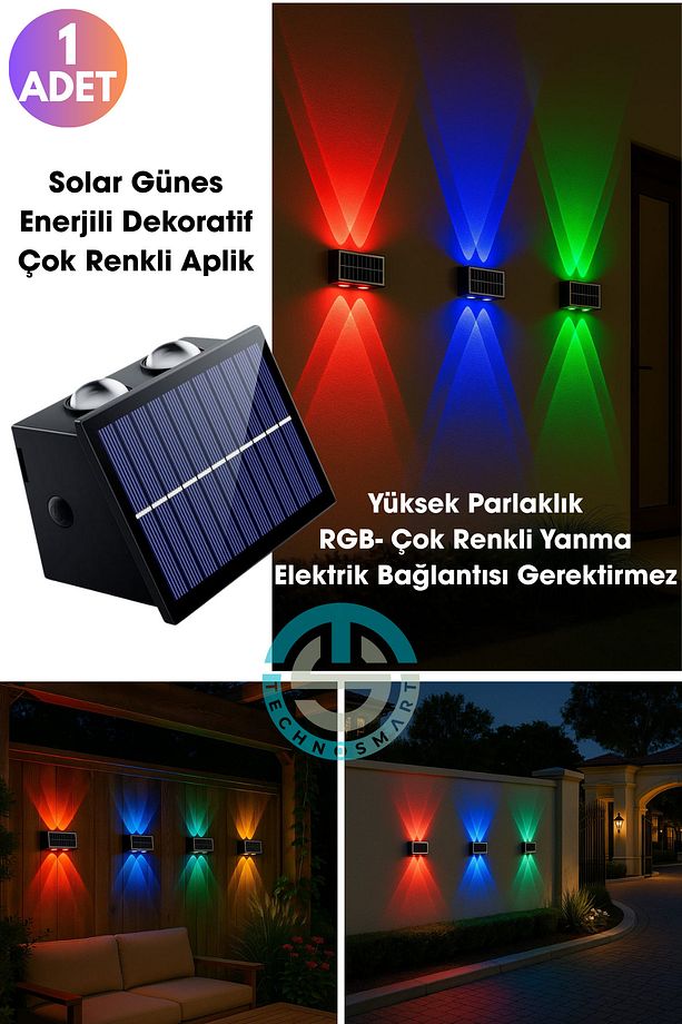 1Adet Güneş Enerjili Çift Taraflı 4 Ledli Aplik RGB Işık Duvar Lambası Bahçe Aydınlatma - 1