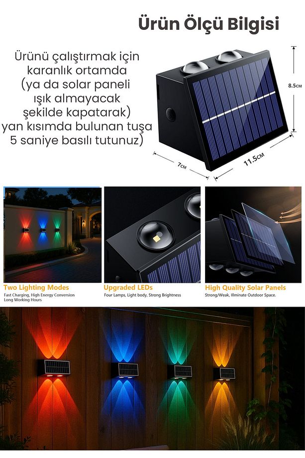 2Adet Güneş Enerjili Çift Taraflı 4 Ledli Aplik RGB Işık Duvar Lambası Bahçe Aydınlatma - 8