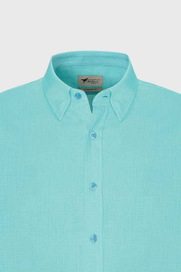 Erkek Turkuaz Comfort Fit Rahat Kesim Gizli Düğme Yaka %100 Pamuk Flamlı Gömlek - 8