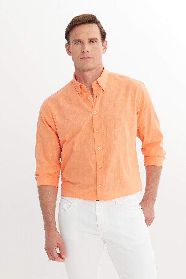 Men's Orange Comfort Fit Relaxed Fit Hidden Button Collar 100% Cotton Flared Shirt