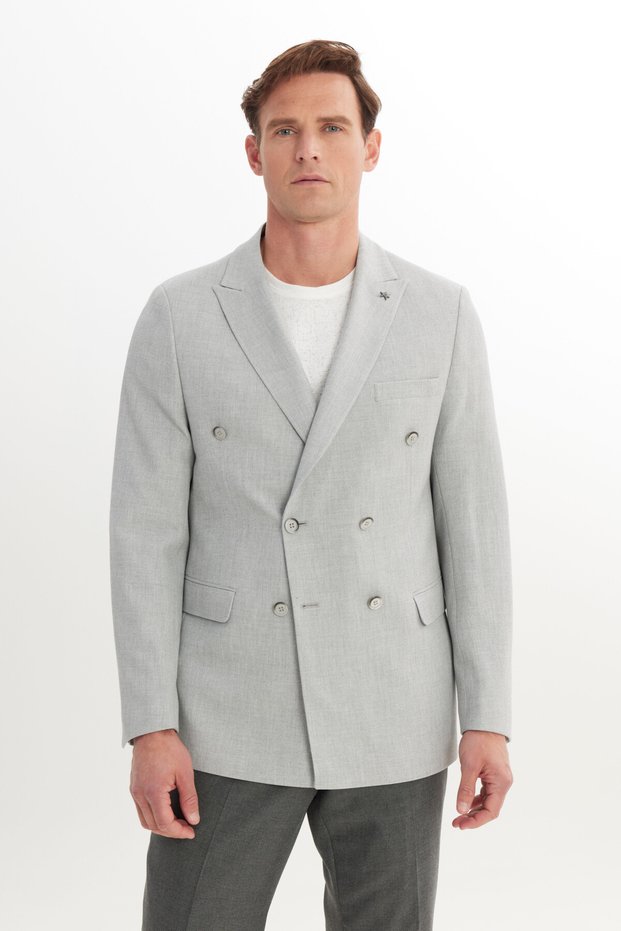 Men's Gray Slim Fit Slim Fit Swallow Collar Dobby Cover Pocket Double Breasted Jacket