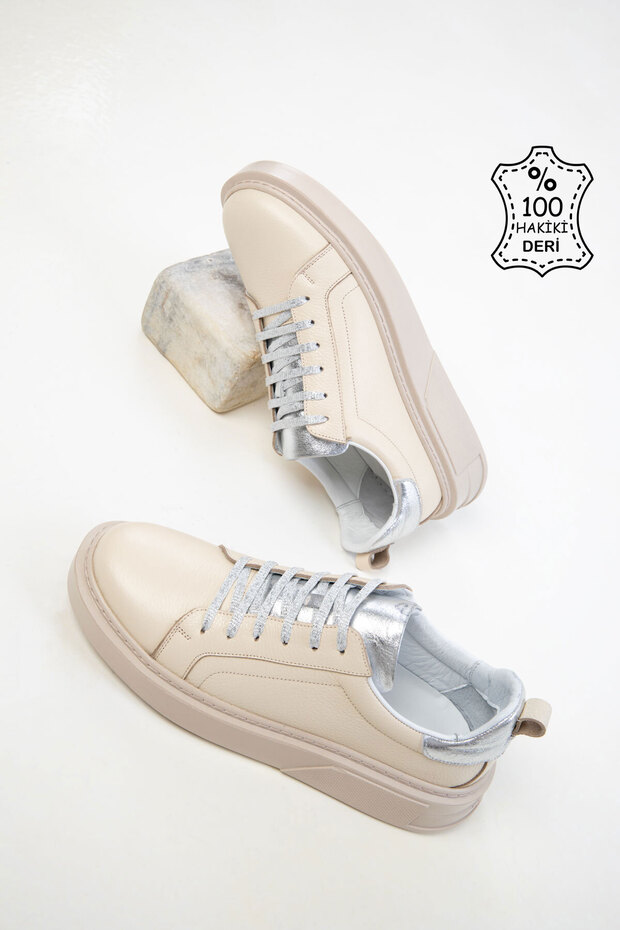 Beige-Silver Genuine Leather Women's Sneaker 20549