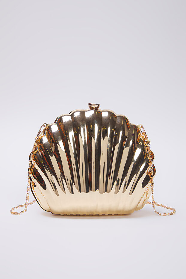 Metalik Altın Deniz Kabuğu Abiye Kadın Şık Mini Boy Clutch El Çantası TAKSS25OC00063 - 3