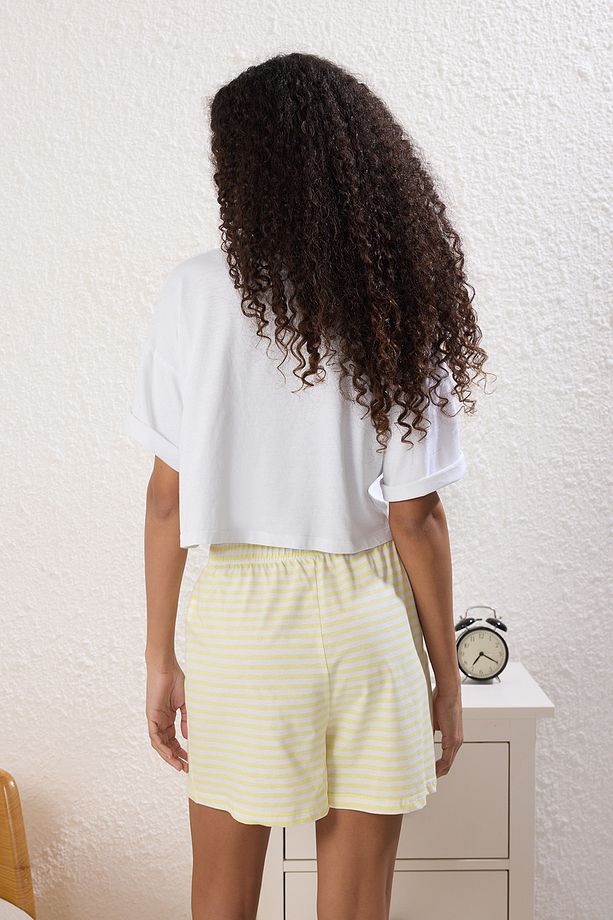 Sarı-Çok Renkli 3'lü Paket %100 Pamuklu Çiçekli ve Çizgili Örme Pijama Altı THMSS25PJ00014 - 5