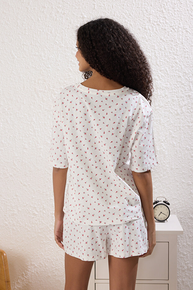 Çok Renkli 3'lü %100 Pamuklu Çiçekli Şortlu Örme Pijama Takımı THMSS25PT00419 - 7