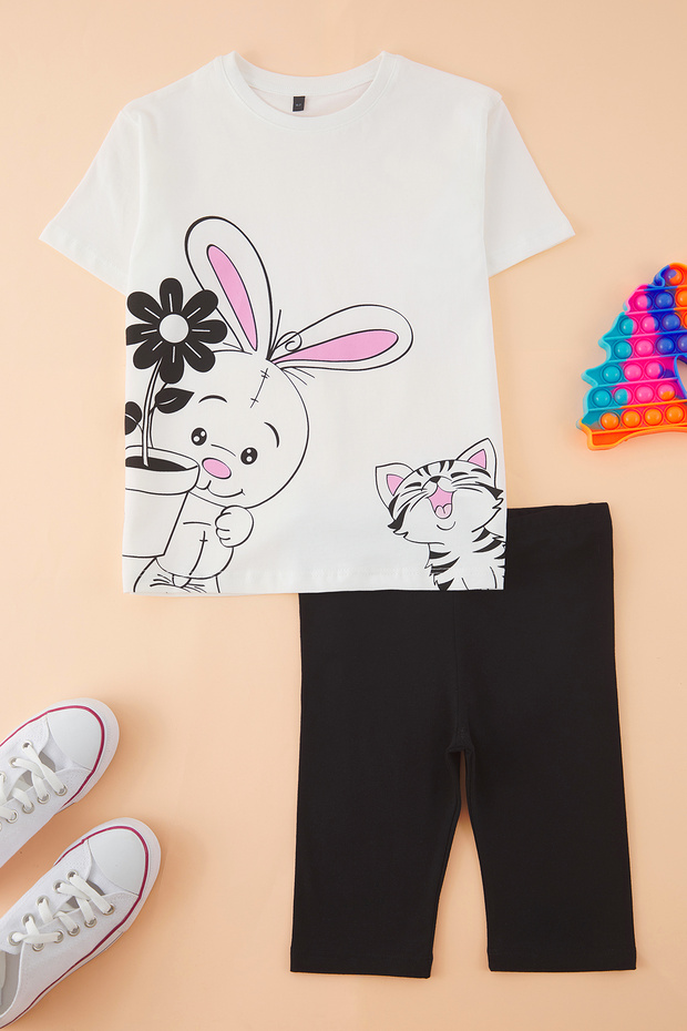 Ekru Pamuklu Baskılı Oversize T-Shirt-Tayt Kısa Kol Kız Çocuk Örme Alt-Üst Takım TKDSS25AU00105 - 1